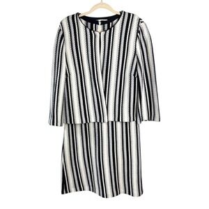 ST. JOHN COLLECTION Set Knit Striped Jacket Dress Black White Wool Blend Size 14